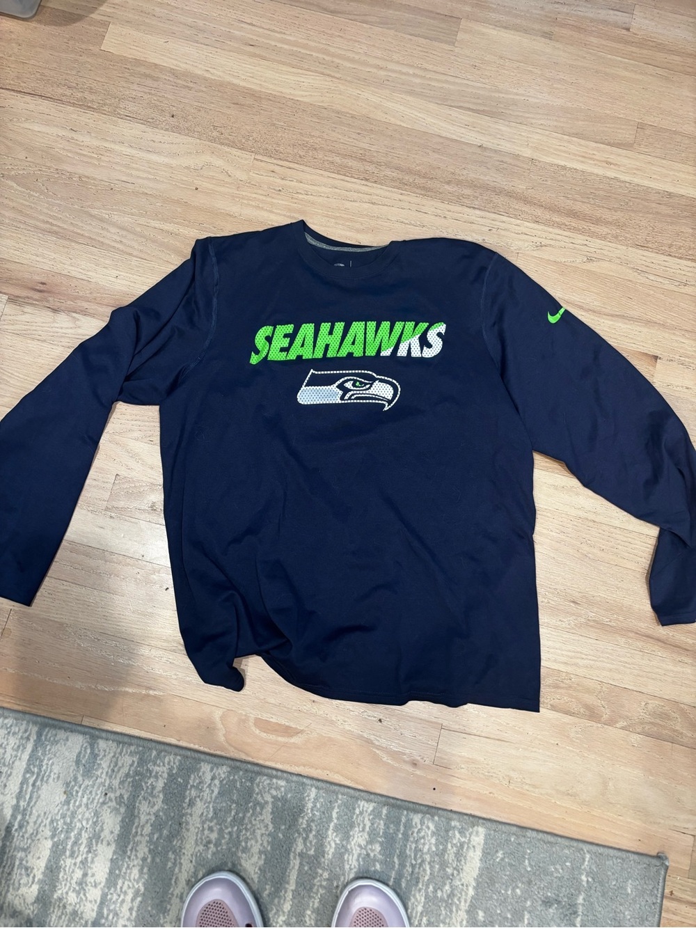 Nike Navy Long-Sleeve Seahawks Logo Tee with Neon Green Accents